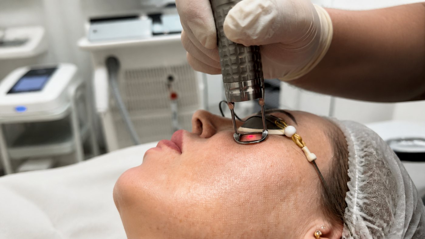 Procedimento facial com equipamento de tecnologia estética em consultório dermatológico